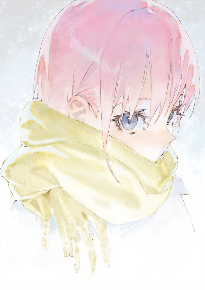 1girl blue_eyes go-toubun_no_hanayome looking_at_viewer mi8pq nakano_ichika pink_hair portrait scarf short_hair solo yellow_scarf
