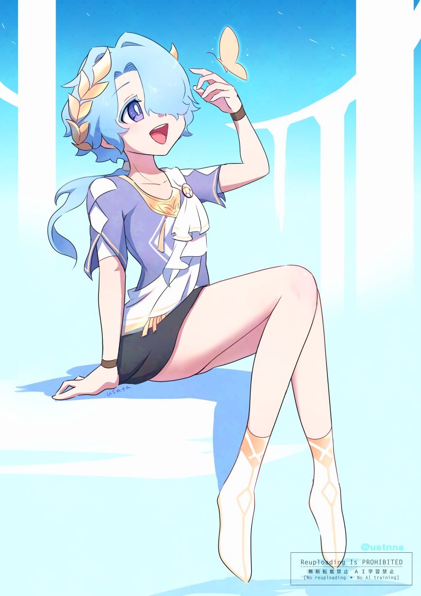 1boy alternate_costume arm_support ascot blue_hair bug butterfly collarbone full_body hair_over_one_eye head_wreath highres honkai:_star_rail honkai_(series) insect looking_up male_focus misha_(honkai:_star_rail) open_mouth short_hair short_sleeves sitting smile solo thighs trap usata white_ascot