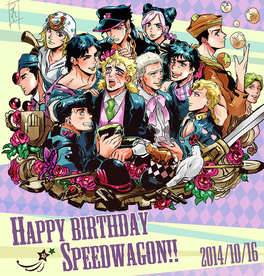 10s 2014 2girls 6+boys arrow_(jojo) arrow_(projectile) badge bird black_hair blonde_hair blush bowler_hat bug butterfly closed_eyes dated dixie_cup_hat double_bun dual_persona family flower frog gakuran george_joestar_ii giorno_giovanna green_hair green_lips grin gun hair_bun handgun happy_birthday hat higashikata_josuke higashikata_josuke_(jojolion) insect johnny_joestar jojo_no_kimyou_na_bouken jojolion jonathan_joestar joseph_joestar joseph_joestar_(young) kotobukimaru kuujou_holly kuujou_jolyne kuujou_joutarou lipstick long_hair makeup military_hat multicolored_hair multiple_boys multiple_girls one_eye_closed open_mouth pigeon pink_hair pompadour revolver robert_e._o._speedwagon rose school_uniform short_hair smile steel_ball_run top_hat two-tone_hair vento_aureo weapon
