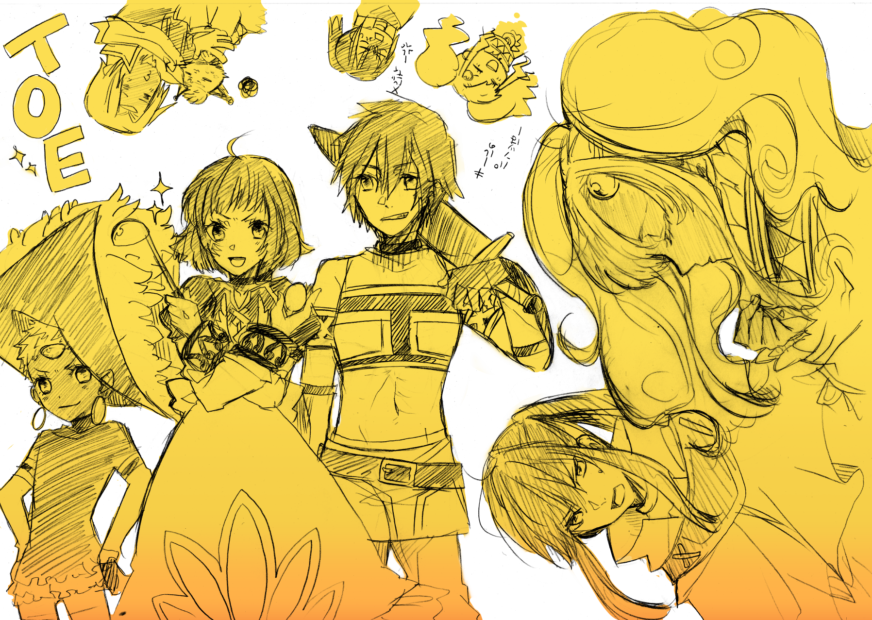 abs ahoge anger_vein bare_shoulders beard chat_(tales) cloak dress earrings egg closed_eyes facial_hair farah_oersted fog_(tales) frills gloves grin hat highres jewelry keele_zeibel long_hair meredy_(tales) monochrome open_mouth pants ponytail reid_hershel short_hair smile sparkle sword tales_of_(series) tales_of_eternia twintails weapon