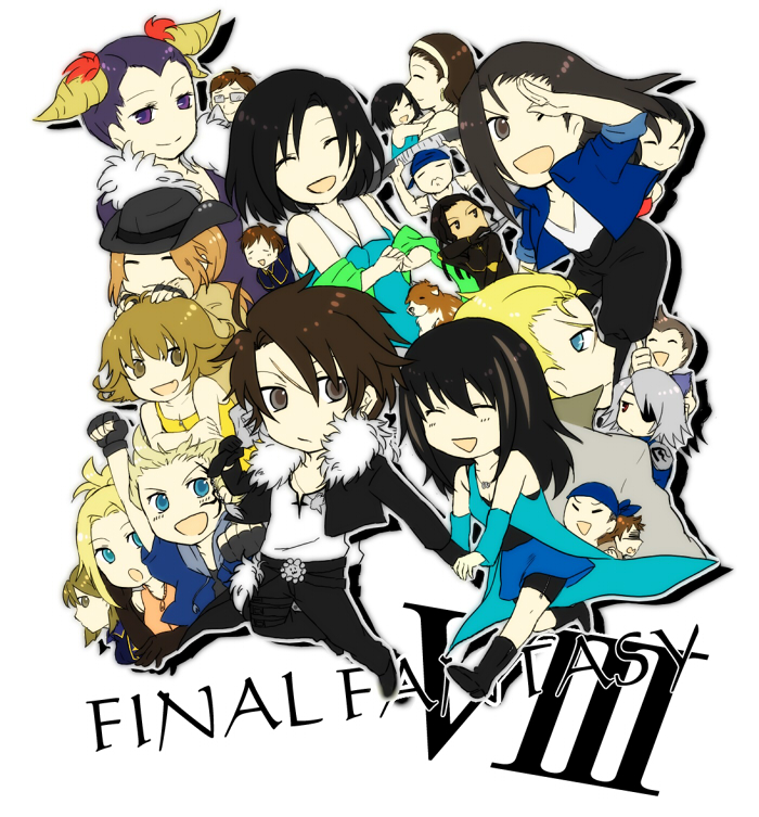 1990s_(style) 6+boys 6+girls :3 :d ^_^ airking anchor angelo_(ff8) bad_id bad_pixiv_id bandana black_hair blonde_hair blue_eyes brown_eyes brown_hair chibi cid_kramer clenched_hand closed_eyes copyright_name cowboy_hat dagger dissidia_final_fantasy dog dual_persona edea_kramer ellone ellone_loire everyone eyepatch closed_eyes final_fantasy final_fantasy_viii flipped_hair fuujin_(ff8) glasses grey_hair gunblade happy hat irvine_kinneas jamadhar julia_heartilly kiros_seagill knife laguna_loire long_hair multiple_boys multiple_girls nida nida_(ff8) one_eye_closed open_mouth purple_eyes quistis_trepe raijin_(ff8) raine_loire raised_fist retro_artstyle rinoa_heartilly salute scar seifer_almasy selphie_tilmitt short_hair smile squall_leonhart tattoo thumbs_up ward_zabac watts_(ff8) weapon wink xu xu_(ff8) zell_dincht zone_(ff8)
