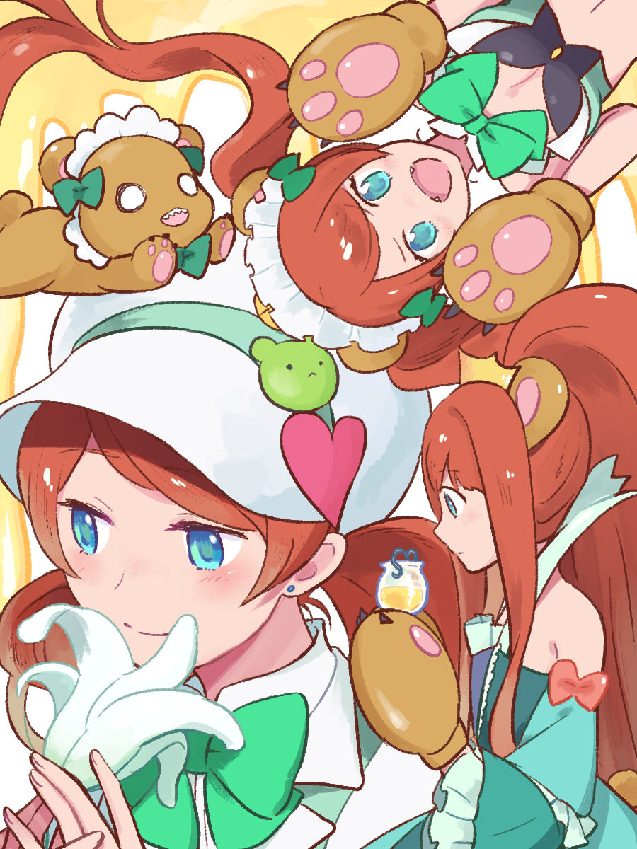 1girl animal_ears animal_hands animalization bare_shoulders bear bear_ears bear_girl bear_paws blue_eyes bow brown_hair closed_mouth crown fangs flower gloves green_bow green_eyes hat highres holding holding_flower honey kapuchirio long_hair looking_at_viewer maid_headdress multiple_views open_mouth paw_gloves person_and_animalization profile smile twintails upper_body white_hat white_lily yuri_kuma_arashi yurigasaki_lulu
