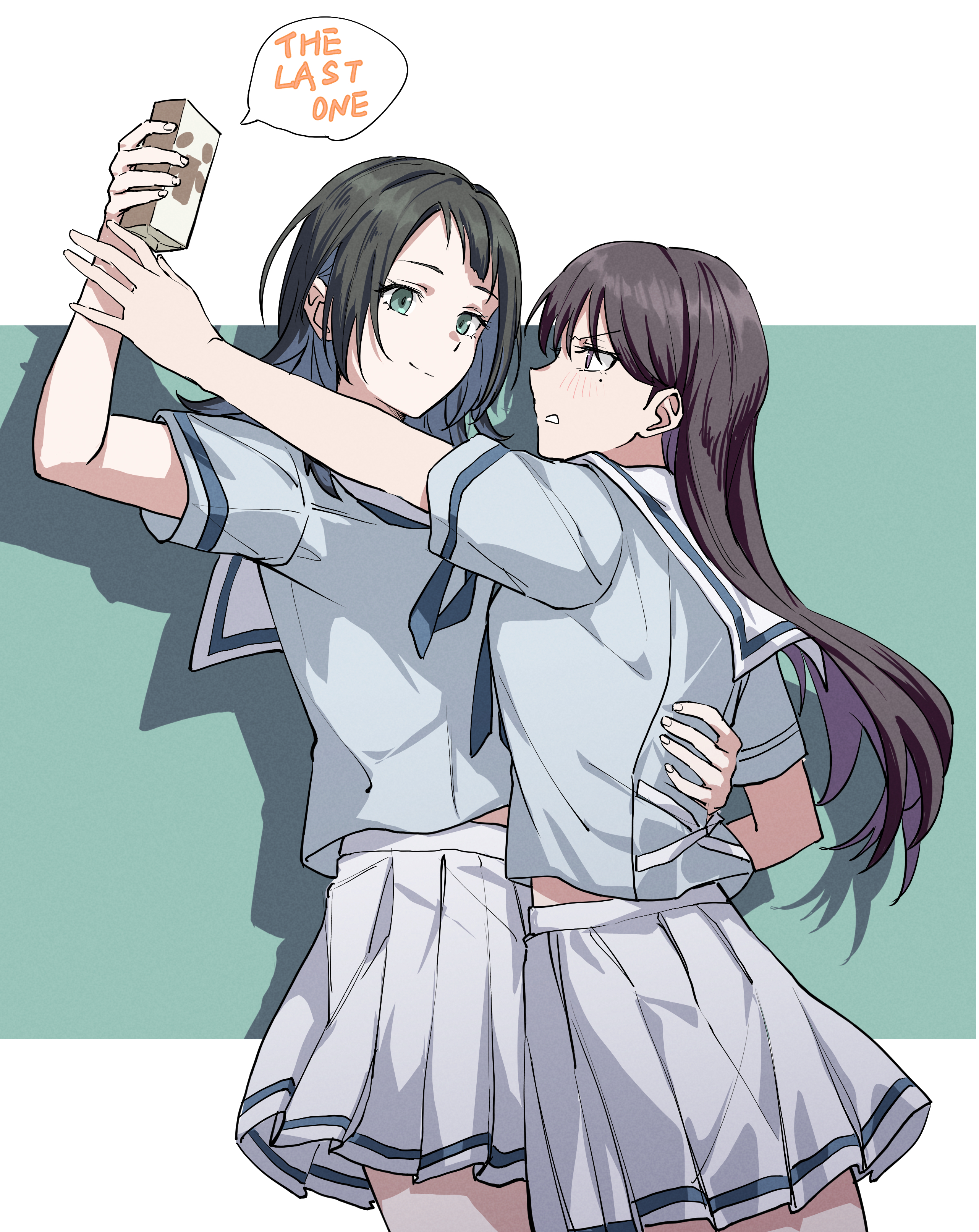 2girls absurdres bang_dream! bang_dream!_it's_mygo!!!!! black_hair blue_eyes blue_sailor_collar blue_shirt carton closed_mouth commentary english_text hanasakigawa_school_uniform highres joker_(jjjokerrr233) long_hair medium_hair midriff_peek mole mole_under_eye multiple_girls pleated_skirt purple_eyes sailor_collar school_uniform serafuku shiina_taki shirt skirt white_skirt yahata_umiri yuri