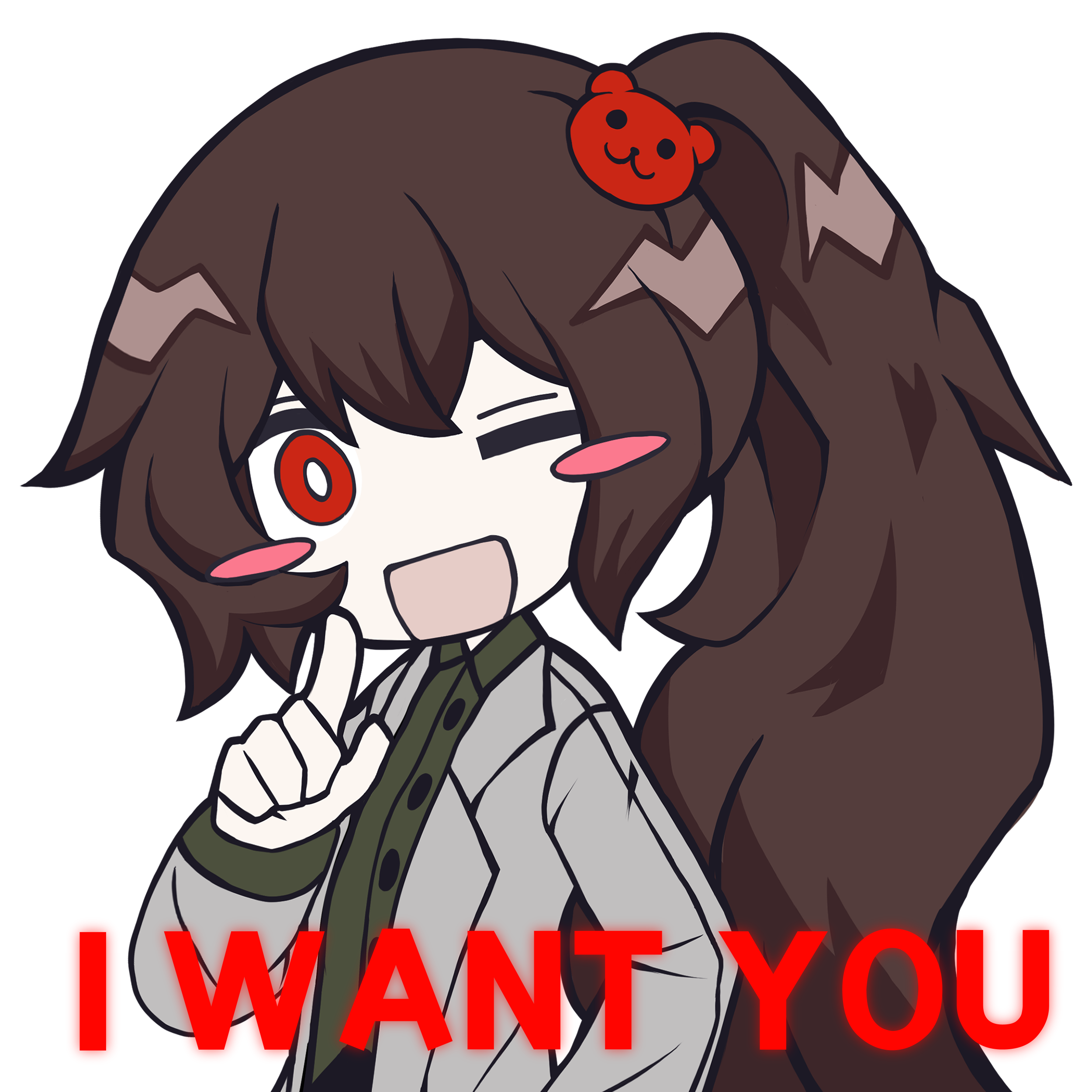 1girl absurdres bear_hair_ornament blush_stickers brown_hair carmen_(project_moon) coat collared_shirt debbie_kimm green_shirt hair_ornament highres i_want_you lab_coat lapels lobotomy_corporation long_hair looking_at_viewer notched_lapels one_eye_closed pointing pointing_at_viewer ponytail project_moon red_eyes shirt solo transparent_background very_long_hair white_coat