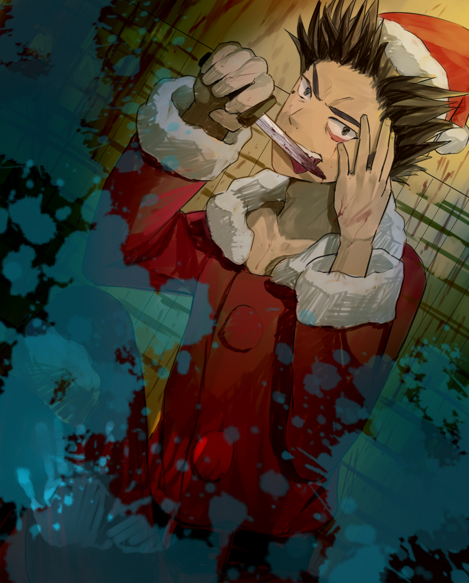 1boy bad_id bad_pixiv_id black_eyes black_hair blood bloody_knife coat hand_up handprint hat highres ka_isui knife linda_cube long_sleeves male_focus mole mole_under_eye neku_(linda_cube) red_coat red_hat santa_hat solo spiked_hair standing