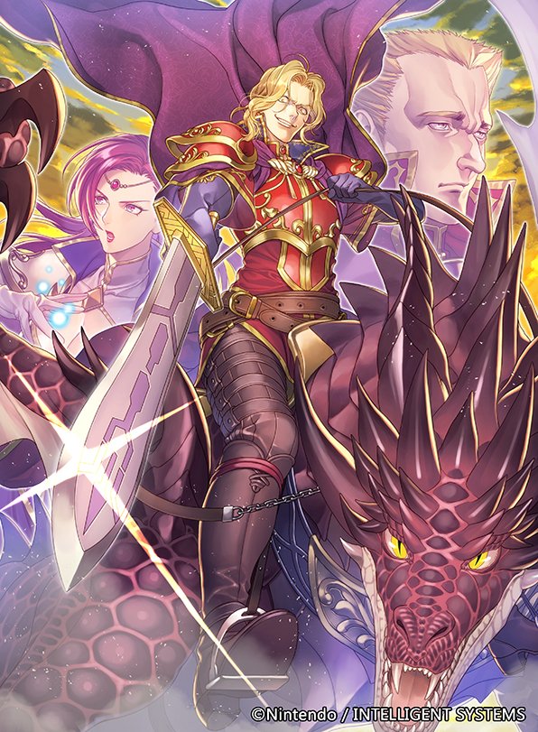 1girl 2boys armor blonde_hair boots brunnya_(fire_emblem) cape commentary_request company_name dragon evil_grin evil_smile fire_emblem fire_emblem:_the_binding_blade fire_emblem_cipher glint grin holding holding_reins holding_sword holding_weapon lombard_(fire_emblem) looking_at_viewer multiple_boys murdock_(fire_emblem) narcian_(fire_emblem) nintendo official_art purple_cape purple_eyes reins riding_dragon smile stirrups_(riding) sword weapon wyvern yellow_eyes yoneko_okome