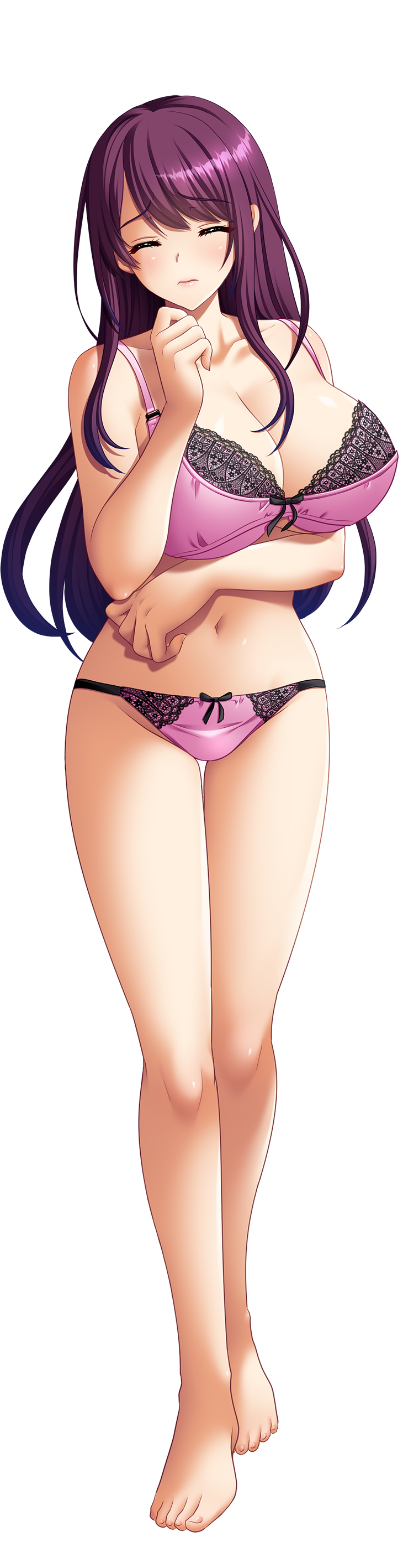 1girl absurdres bishop_(company) blunt_bangs bow bow_bra bow_panties bra breasts chijoku_no_seifuku_2 cleavage closed_eyes closed_mouth collarbone full_body hand_on_own_chest haruoka_kazusa highres kinmedai_pink lace lace-trimmed_bra lace-trimmed_panties lace_trim large_breasts lingerie long_hair looking_at_viewer looking_forward panties pink_bra pink_panties purple_hair sad solo striped_clothes striped_panties underwear underwear_only