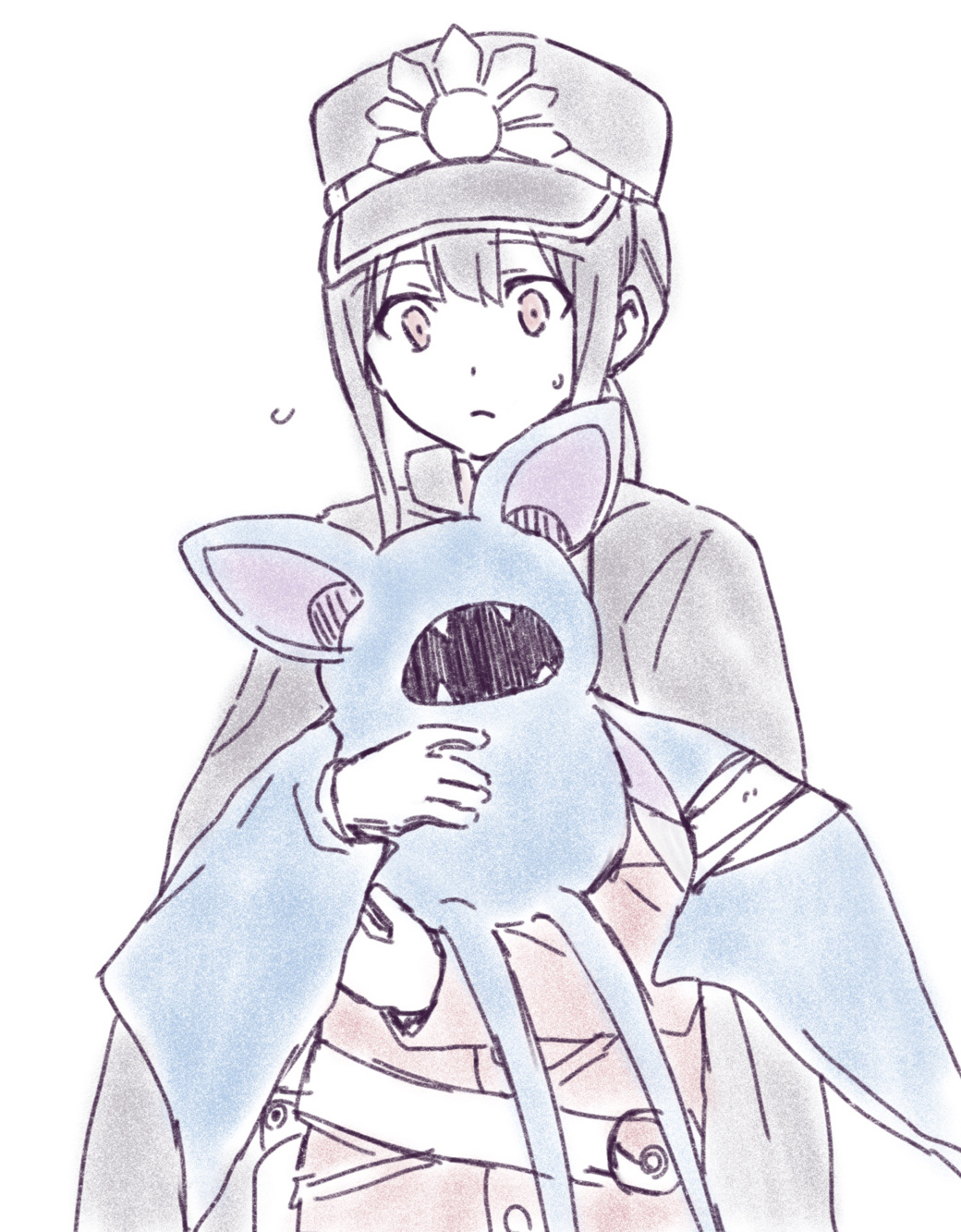 1boy bandaged_wings bandages black_cape black_headwear cape closed_mouth crest crossover family_crest fangs fate/grand_order fate_(series) flying_sweatdrops gen_1_pokemon gloves hair_between_eyes hat highres koha-ace long_sleeves male_focus nintendo oda_nobukatsu_(fate) oda_uri open_mouth peaked_cap pokemon pokemon_(creature) red_eyes red_shirt shirt simple_background sweat tachitsu_teto white_background white_gloves zubat