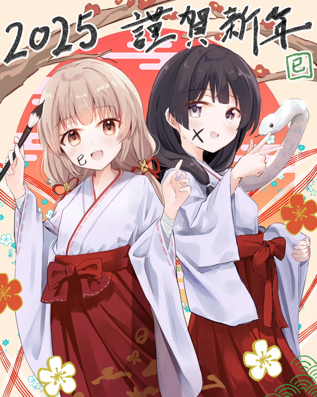 2025 2girls alternate_costume black_hair blush body_writing brown_eyes brown_hair calligraphy_brush chinese_zodiac egasumi grey_eyes hakama happy_new_year highres holding holding_calligraphy_brush holding_paintbrush japanese_clothes kimono looking_at_viewer multiple_girls natori_sana natori_sana_(miko) nekozya1 new_year nijisanji open_mouth paintbrush sana_channel snake tsukino_mito virtual_youtuber year_of_the_snake