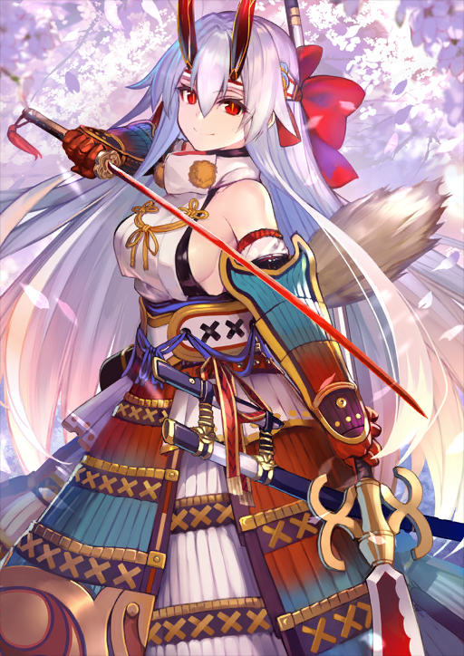 1girl arm_at_side armor asymmetrical_dual_wielding bare_shoulders bow breasts cherry_blossoms cowboy_shot double-parted_bangs dual_wielding fate/grand_order fate_(series) floating_hair gloves grey_hair hair_between_eyes hair_bow hand_up headband holding holding_polearm holding_sword holding_weapon japanese_armor japanese_clothes katana kusazuri long_hair long_sidelocks looking_at_viewer medium_breasts naginata official_art polearm quiver red_bow red_eyes red_gloves shirabi sideboob sidelocks smile solo sword third-party_source tomoe_gozen_(fate) unsheathed very_long_hair very_long_sidelocks weapon white_headband