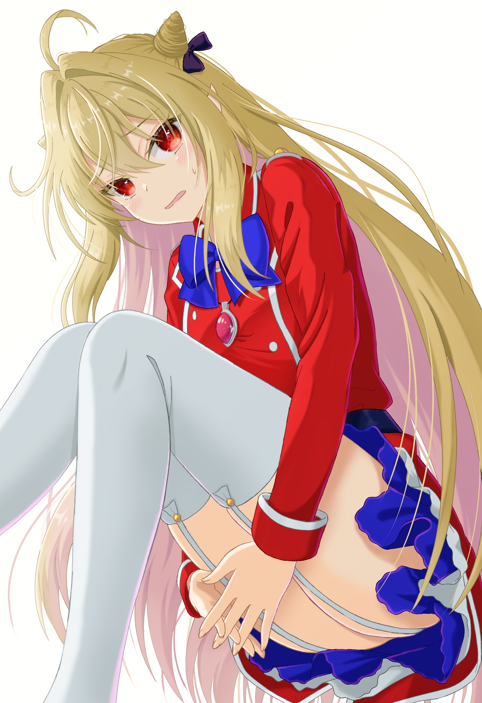 1girl ahoge black_bow blonde_hair blue_bow blue_skirt bow commentary cone_hair_bun crossed_bangs double_bun embarrassed eyelashes eyes_visible_through_hair fang feet_out_of_frame from_below frown garter_straps hair_between_eyes hair_bow hair_bun hair_intakes highres hikikomari_kyuuketsuki_no_monmon hugging_own_legs interlocked_fingers knees_together_feet_apart long_hair long_sleeves looking_at_viewer looking_down miniskirt mochimugi_rice open_mouth own_hands_together red_eyes red_shirt shirt sidelighting sidelocks simple_background skirt solo straight_hair sweatdrop terakomari_gandezblood thighhighs thighs tsurime very_long_hair white_background white_thighhighs