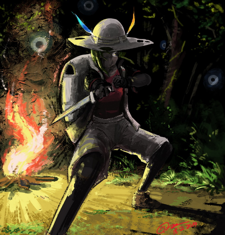 1girl backpack bag bodystocking campfire cellien_(kemono_friends) combat_knife dated fighting_stance fire gapangman green_hair grey_shorts hat_feather helmet holding holding_knife kaban_(kemono_friends) kemono_friends kemono_friends_2 knife layered_sleeves long_hair long_sleeves looking_to_the_side monster one-eyed open_clothes open_shirt outdoors pith_helmet red_shirt shirt shirt_under_shirt shoes short_over_long_sleeves short_sleeves shorts signature standing weapon