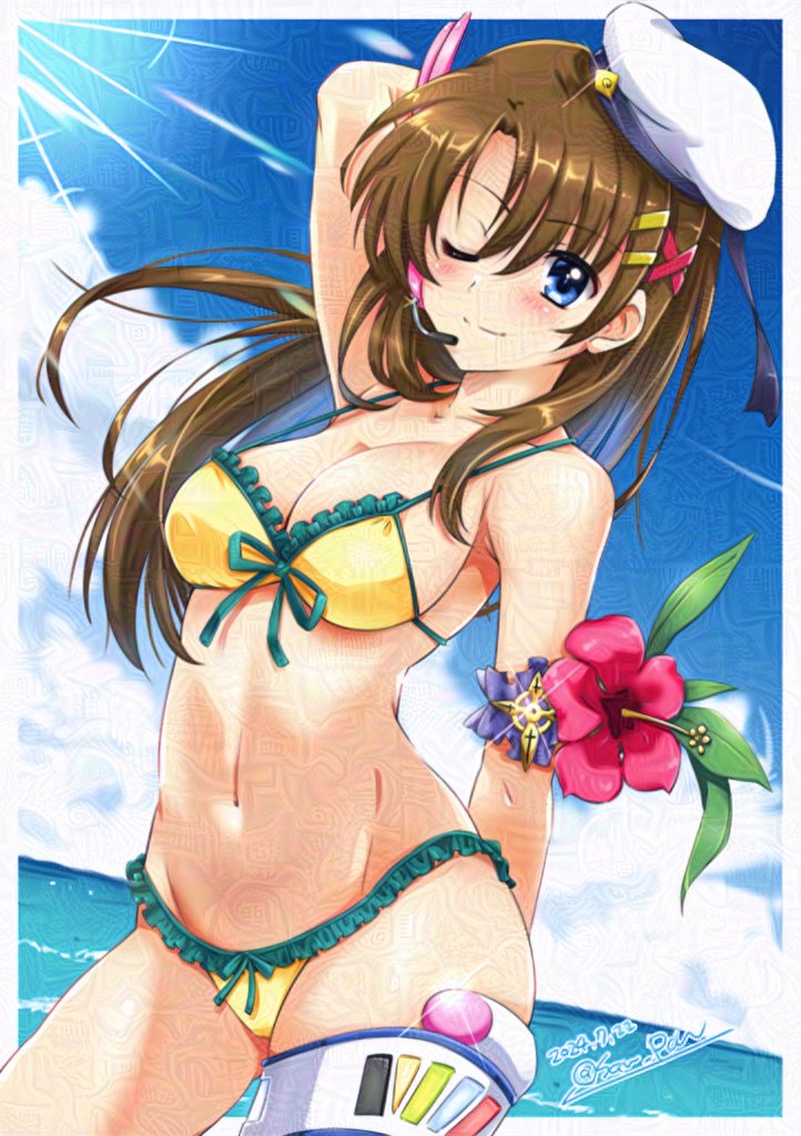 1girl bikini blue_eyes blue_sky breasts brown_hair cleavage cloud commentary_request day flower frilled_bikini frills front-tie_bikini_top front-tie_top adversarial_noise hair_ornament hairclip hat hibiscus horizon long_hair lyrical_nanoha mahou_senki_lyrical_nanoha_force medium_breasts ocean one_eye_closed outdoors peaked_cap san-pon sky snorkel solo swimsuit white_hat yagami_hayate yellow_bikini