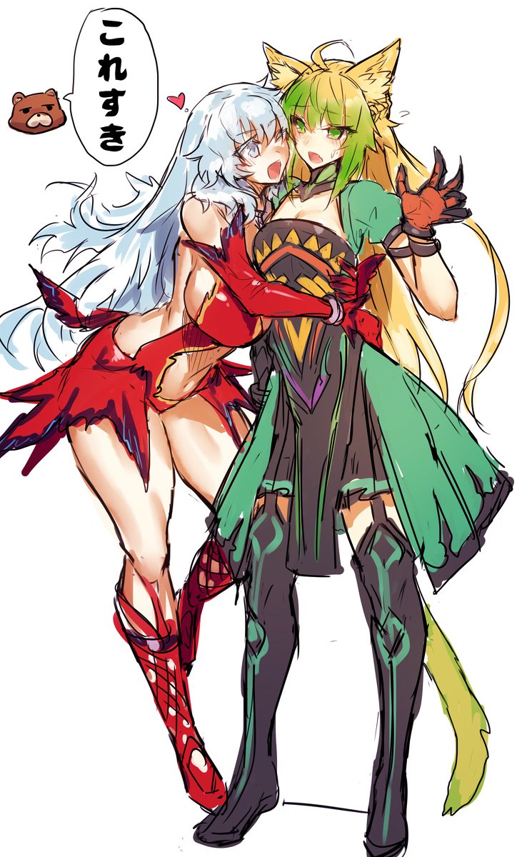 1boy 2girls :d ;d ahoge animal_ears aqua_dress artemis_(fate) artemis_(third_ascension)_(fate) atalanta_(fate) bare_legs bare_shoulders bear black_dress black_footwear blonde_hair blush boots breasts cat_ears cat_tail clothing_cutout couple dress elbow_gloves fate/grand_order fate_(series) gloves green_eyes green_hair grey_eyes hand_up happy heart highres hug huge_breasts legs looking_at_another medium_breasts melon22 multicolored_dress multicolored_hair multiple_girls navel navel_cutout one_eye_closed open_mouth orion_(bear)_(fate) pelvic_curtain red_dress red_footwear red_gloves revealing_clothes short_sleeves sideboob silver_hair simple_background smile standing strapless strapless_dress tail thigh_boots thighhighs thighs translation_request two-tone_hair type-moon white_background yuri zettai_ryouiki