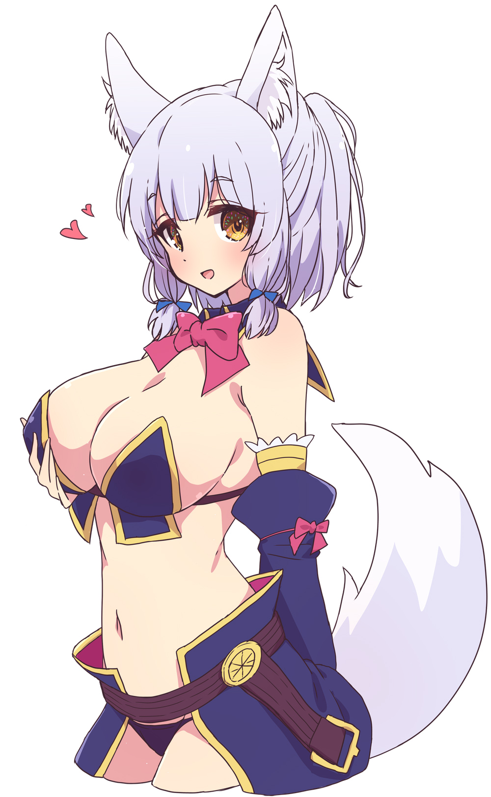 1girl animal_ears blue_bow blue_sleeves bow bowtie breasts cosplay crisis_management_form_(machikado_mazoku) detached_sleeves hair_bow heart highres large_breasts looking_at_viewer machikado_mazoku mel_(melty_pot) navel open_mouth pink_bow pink_bowtie riko_(machikado_mazoku) simple_background smile solo tail white_background yellow_eyes yoshida_yuuko_(machikado_mazoku) yoshida_yuuko_(machikado_mazoku)_(cosplay)