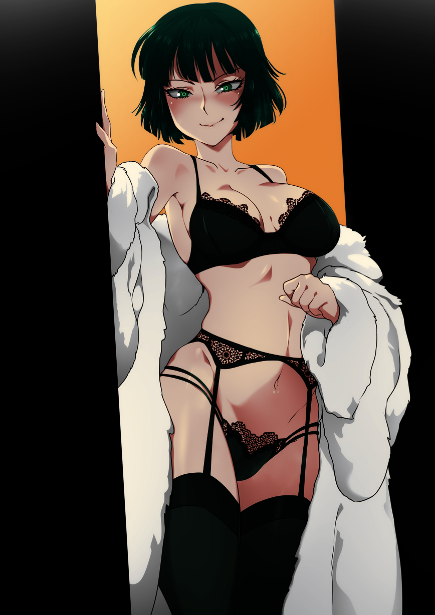 1girl alternate_costume bare_shoulders black_background black_bra black_panties black_thighhighs blush bra breasts coat collarbone colorized fubuki_(one-punch_man) fur_coat fur_trim garter_belt garter_straps green_eyes green_hair highres jcm2 lingerie looking_at_viewer medium_breasts off-shoulder_coat off_shoulder one-punch_man panties satansoft1 self-upload short_hair simple_background solo thighhighs underwear white_background