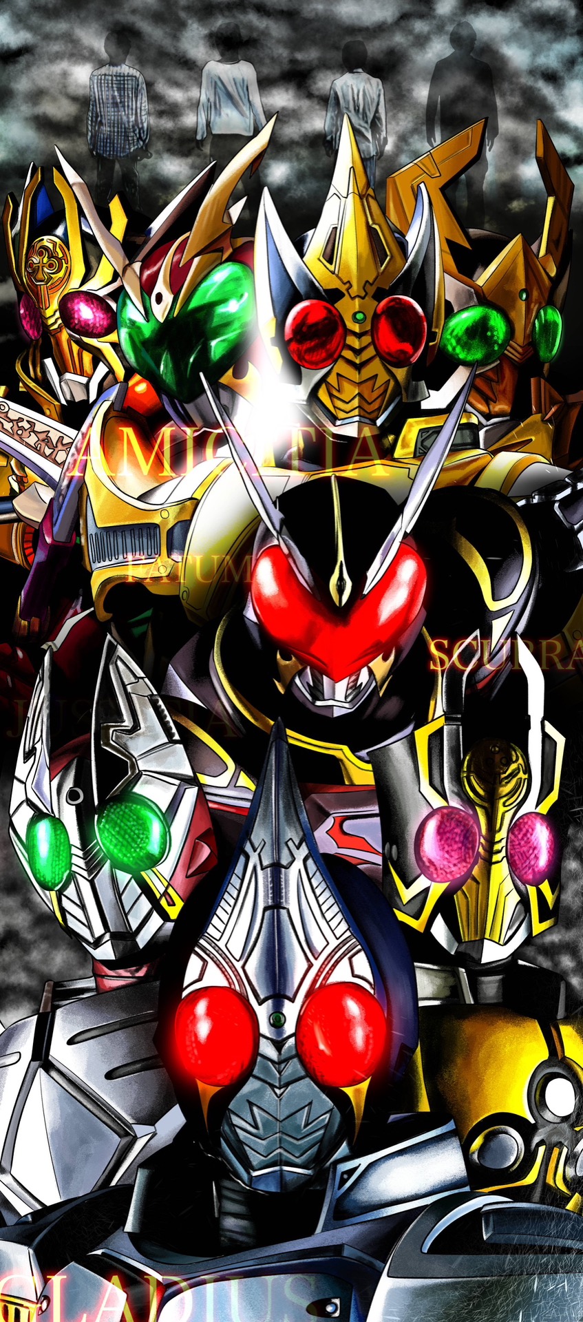 4ze_meteor armor black_hair character_request commentary_request highres kamen_rider kamen_rider_blade kamen_rider_blade_(series) kamen_rider_chalice kamen_rider_garren kamen_rider_garren_(king_form) kamen_rider_leangle kamen_rider_leangle_(king_form) multiple_boys