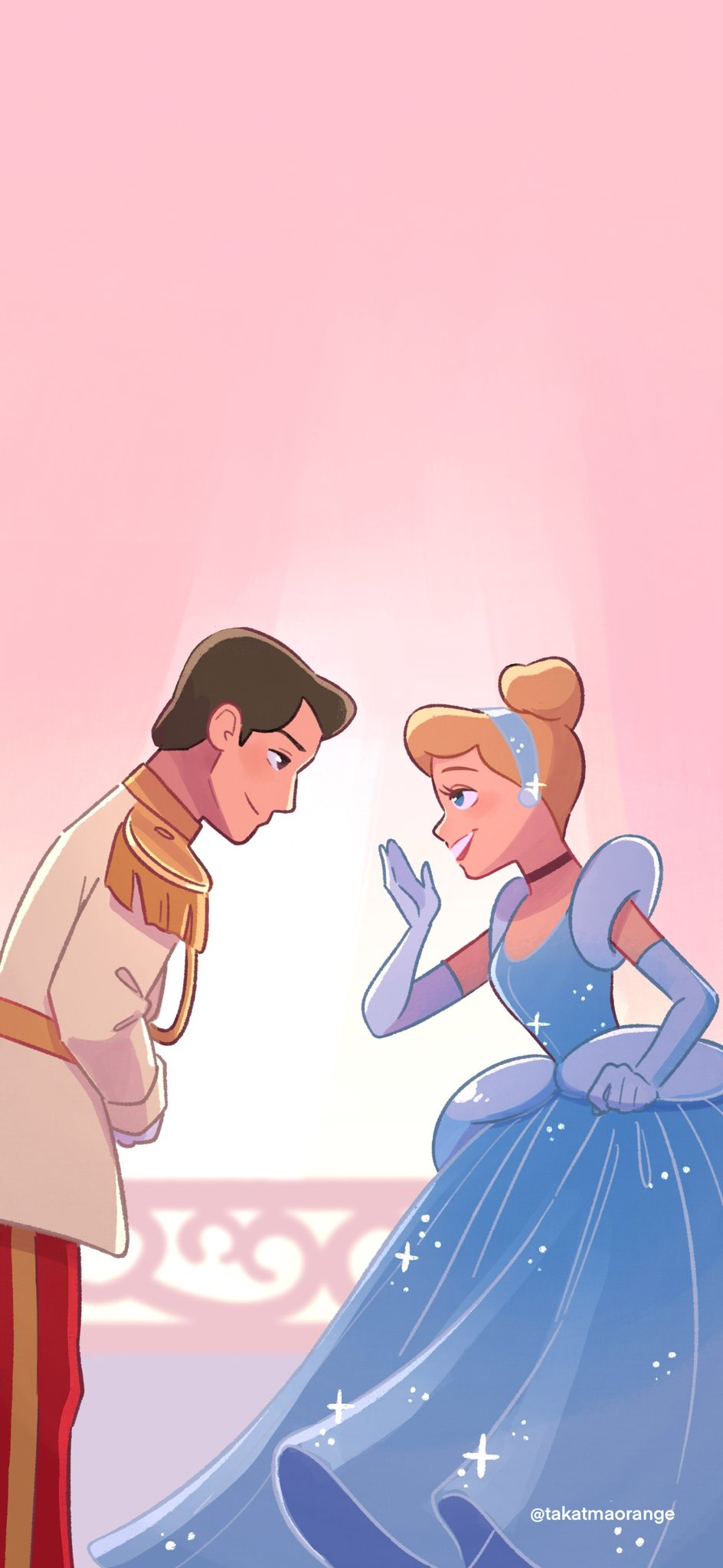 1boy 1girl black_hair blonde_hair blue_dress blue_eyes brown_hair choker cinderella cinderella_(disney) dress elbow_gloves gloves hair_bun hairband highres jewelry open_mouth prince_charming_(disney) shirt short_hair smile takatmaorange