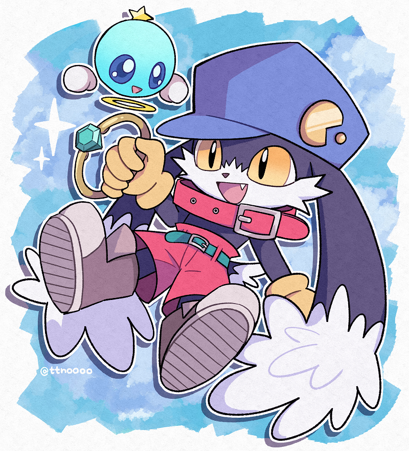 animal_ears baseball_cap black_fur blue_headwear cabbit collar fang furry furry_male gem gloves green_gemstone hat holding holding_jewelry holding_ring huepow jewelry kaze_no_klonoa klonoa male_focus open_mouth pants rabbit_ears red_collar red_pants ring shoes shorts smile tail topless_male ttnoooo white_fur yellow_eyes yellow_gloves