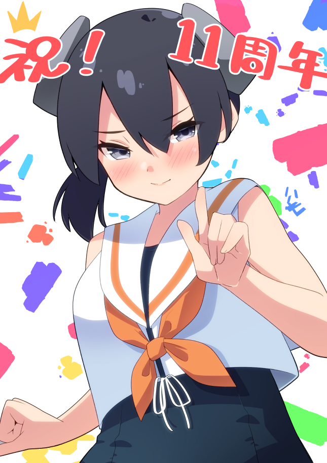 1girl anniversary black_eyes black_hair black_one-piece_swimsuit blush headgear i-41_(kancolle) index_finger_raised kantai_collection looking_at_viewer neckerchief one-piece_swimsuit orange_neckerchief sailor_collar sailor_shirt sanninme_no_haru school_swimsuit shirt short_hair sleeveless sleeveless_shirt solo swimsuit swimsuit_under_clothes upper_body white_background white_sailor_collar