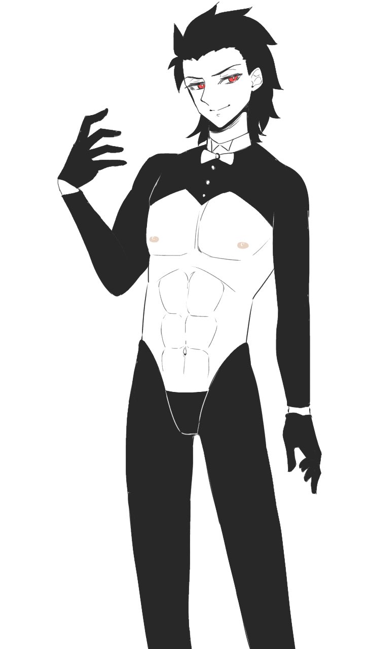 1boy abs bare_pectorals black_gloves black_hair gloves hair_slicked_back highres male_focus male_playboy_bunny meme_attire michael_roa_valdamjong monochrome muscular muscular_male pectorals red_eyes reverse_bunnysuit reverse_outfit simple_background tsukihime tsukihime_(remake) yukinari_kakuri