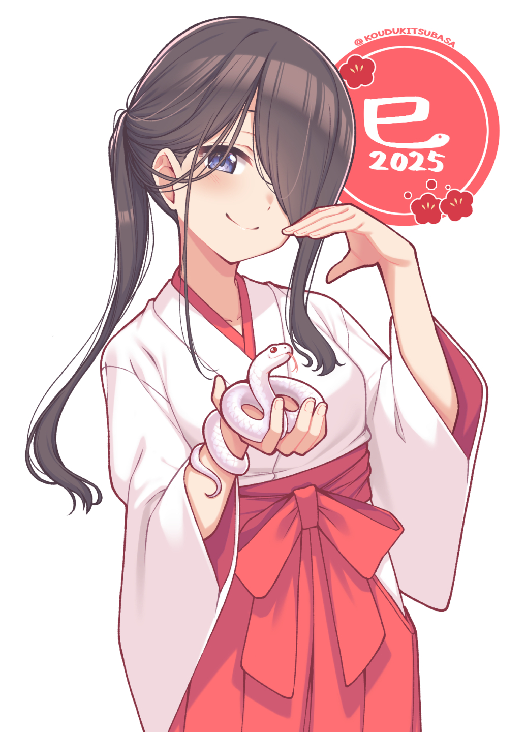 1girl 2025 animal animal_on_hand blush brown_hair chinese_zodiac commentary_request cowboy_shot hair_over_one_eye hakama half-heart_hands highres japanese_clothes kimono kouzuki_tsubasa_(musou_kaidou) light_smile long_hair looking_at_viewer miko original purple_eyes red_hakama simple_background snake snake_wrapped_around_arm solo twitter_username white_background white_kimono wide_sleeves year_of_the_snake