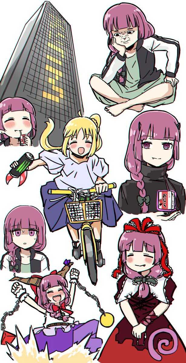 2girls =_= alcohol_carton barefoot bicycle black_jacket blonde_hair blue_skirt blush bocchi_the_rock! bow braid braided_ponytail can chain closed_eyes closed_mouth cosplay dress drinking earrings fang fang_out green_dress hair_bow highres hiroi_kikuri holding holding_can horns ibuki_suika ibuki_suika_(cosplay) ijichi_nijika jacket jewelry kagiyama_hina kagiyama_hina_(cosplay) long_hair looking_at_viewer monster_energy multiple_girls nervous_sweating open_clothes open_jacket open_mouth parody_request purple_eyes purple_hair red_dress riding riding_bicycle ringed_eyes shaded_face short_sleeves skirt smile sweat telekinesis torako_(toramaru) touhou turtleneck white_skirt