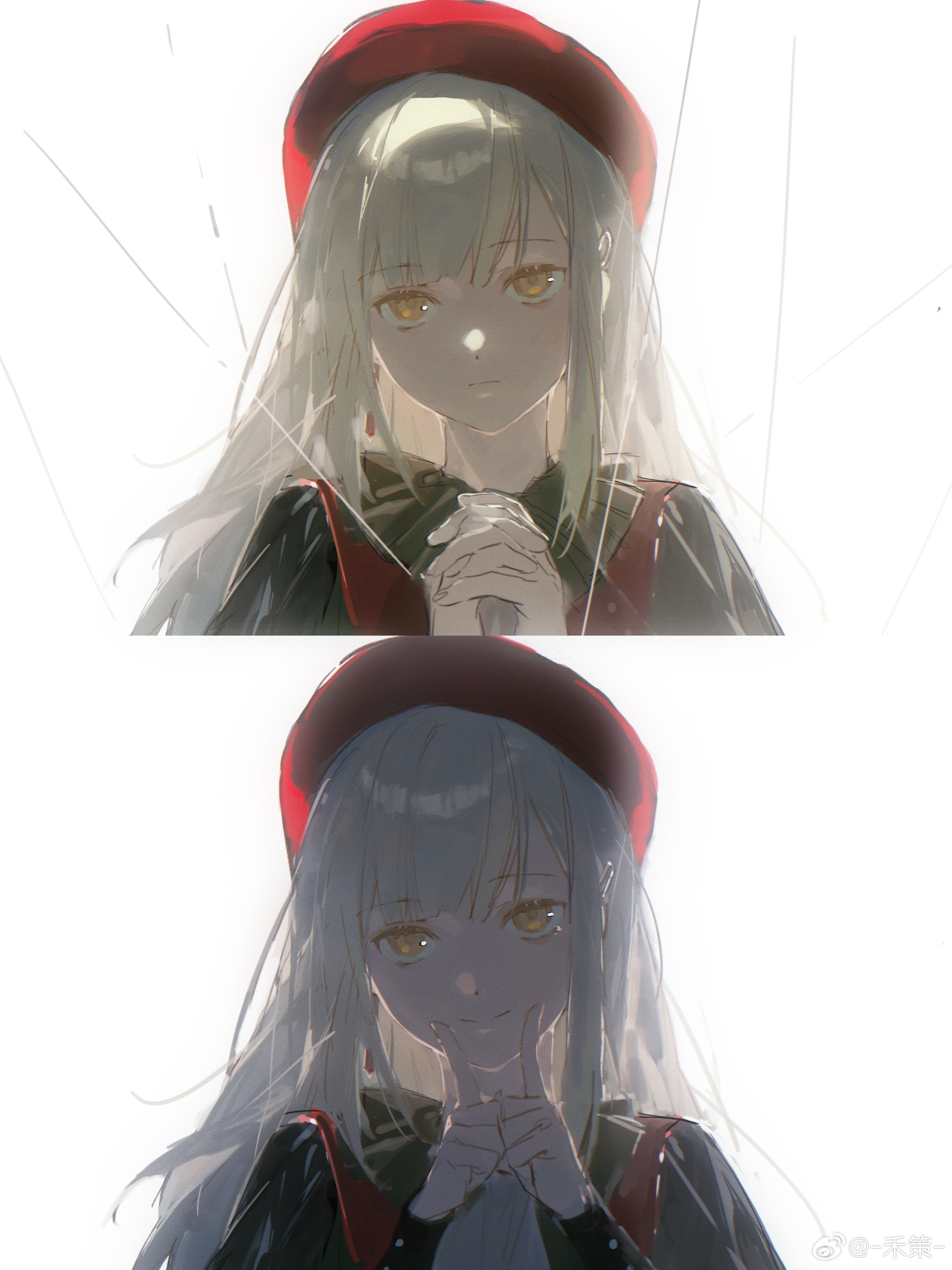 1girl absurdres ascot backlighting bang_dream! bang_dream!_it's_mygo!!!!! beret blonde_hair closed_mouth commentary_request expressionless fingers_to_mouth fingersmile forced_smile hands_up hat highres index_fingers_raised interlocked_fingers long_hair long_sleeves looking_at_viewer mortis_(bang_dream!) mortis_(costume)_(bang_dream!) mortis_(persona)_(bang_dream!) mouth_pull multiple_views noland own_hands_together puppet_strings red_hat sidelocks simple_background smile solo upper_body wakaba_mutsumi white_background yellow_eyes