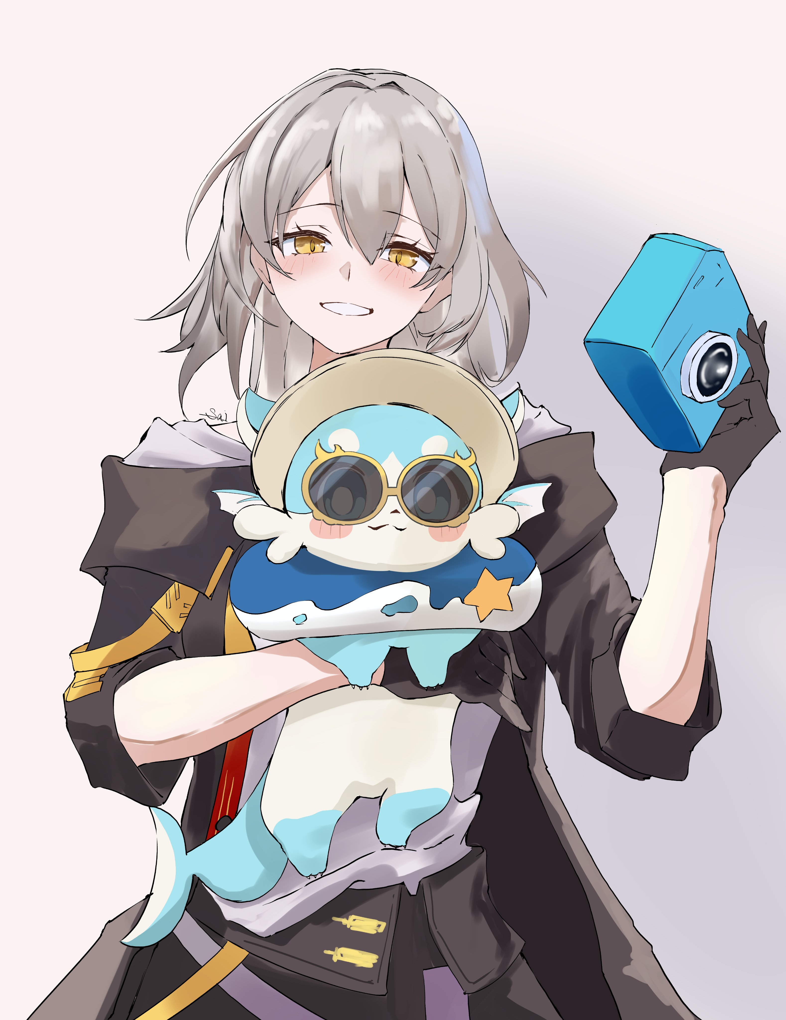 1girl 1other absurdres animal black_gloves black_jacket bubbles_(honkai:_star_rail) camera carrying chimera_(honkai:_star_rail) cowboy_shot creature gloves grey_hair highres holding holding_camera holding_creature honkai:_star_rail honkai_(series) jacket kasumi_saika looking_at_viewer open_mouth pale_skin shirt signature simple_background sleeves_rolled_up smile stelle_(honkai:_star_rail) sunglasses trailblazer_(honkai:_star_rail) white_background white_shirt yellow_eyes