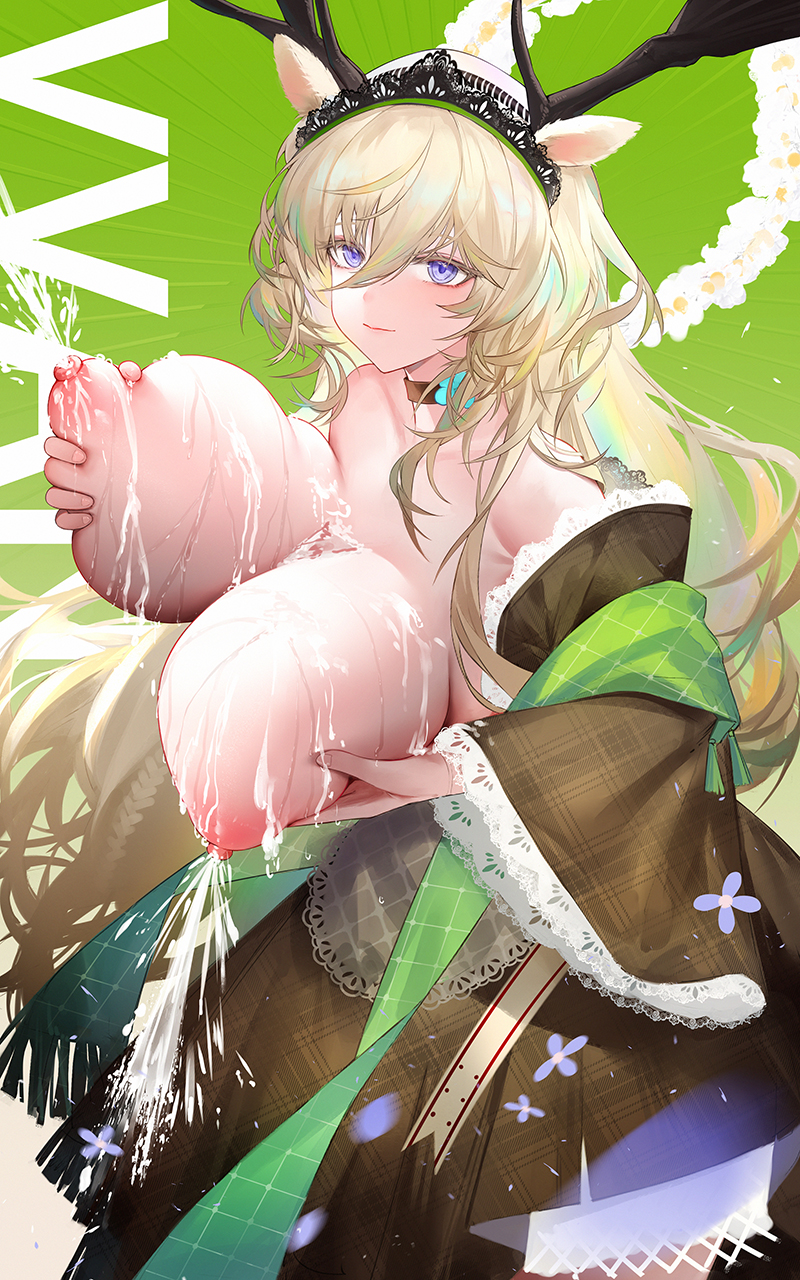 1girl alternate_breast_size animal_ears antlers arknights bare_shoulders black_choker blonde_hair breasts brown_dress choker commentary_request cowboy_shot dress grabbing_own_breast hair_between_eyes highres horns huge_breasts lactation long_hair long_sleeves looking_at_viewer moose_antlers moose_ears moose_girl nipples plaid_clothes plaid_dress purple_eyes smile solo viviana_(arknights) viviana_(sent_from:_ognisko)_(arknights) wide_sleeves yuuki_mix