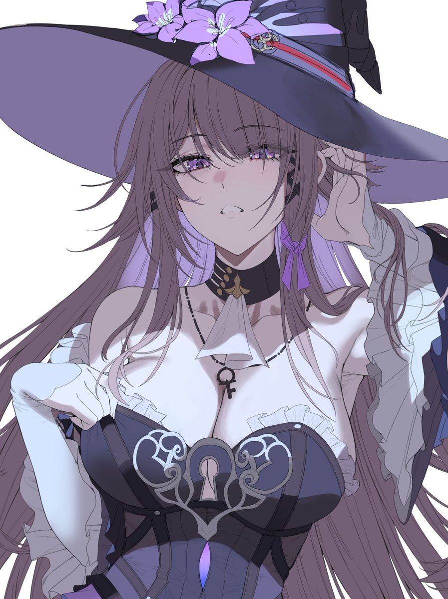 1girl bare_shoulders black_choker black_dress black_hat breasts brown_hair choker cleavage close-up closed_mouth detached_sleeves dress flower hand_in_own_hair hat hat_flower herta_(honkai:_star_rail) highres honkai:_star_rail honkai_(series) indoors jewelry key key_necklace large_breasts long_hair long_sleeves looking_at_viewer necklace nompang purple_eyes purple_flower solo the_herta_(honkai:_star_rail) unfinished very_long_hair wide_sleeves witch_hat
