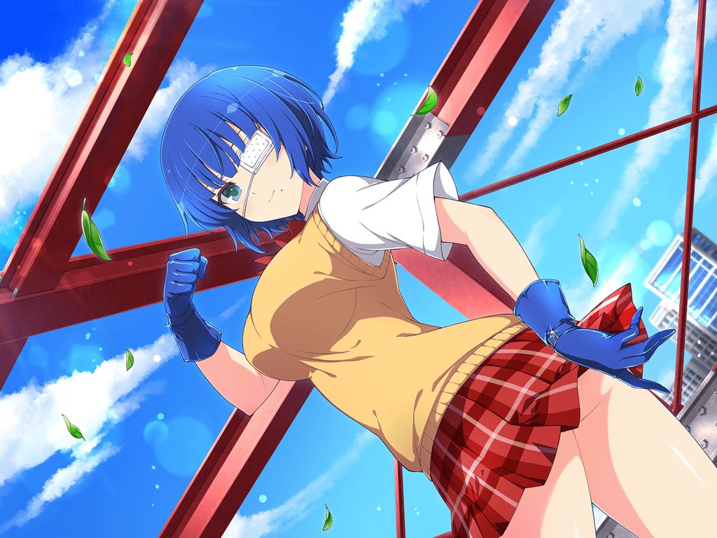 1girl ass blue_eyes blue_hair blue_sky blush breasts building city cityscape cloud construction construction_site crossover day eyepatch falling_leaves gloves i-beam ikkitousen large_breasts leaf lens_flare marvelous medical_eyepatch metal mole mole_under_mouth neckerchief official_art outdoors pleated_skirt red_neckerchief red_skirt ryomou_shimei school_uniform senran_kagura senran_kagura_new_link shirt short_hair skirt sky skyline skyscraper smile solo steel_beam sweater_vest white_shirt window yaegashi_nan