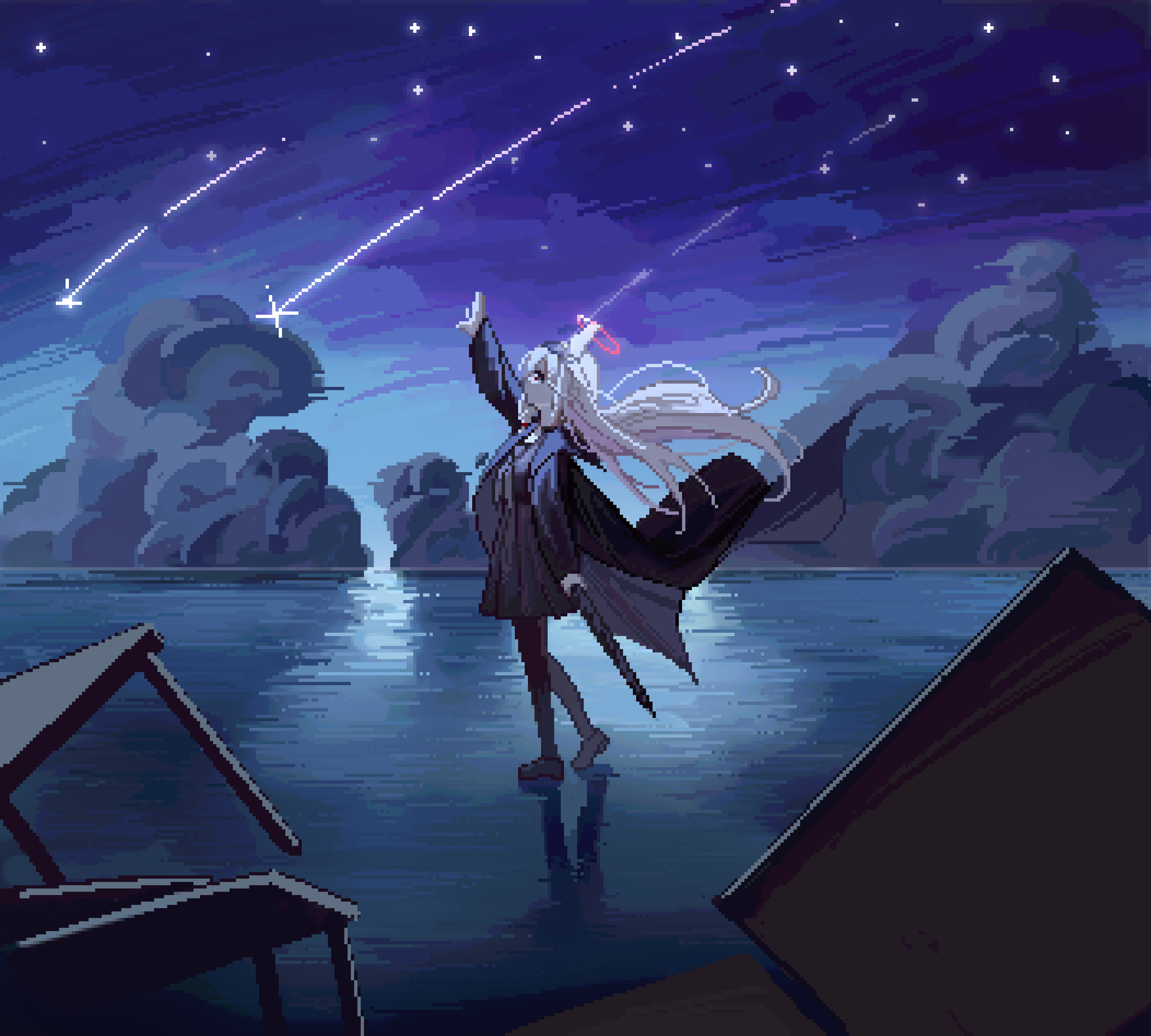 1girl absurdres arm_up black_coat black_pantyhose black_shirt black_shoes black_skirt blue_archive cloud coat commentary_request floating_hair gun halo highres holding holding_gun holding_weapon long_hair long_sleeves multicolored_hair night night_sky open_clothes open_coat outdoors pantyhose pink_hair pixel_art plana_(blue_archive) pleated_skirt profile school_uniform shirt shoes shooting_star skirt sky soeyumi solo standing standing_on_liquid star_(sky) starry_sky table two-tone_hair umbrella_gun very_long_hair water weapon white_hair