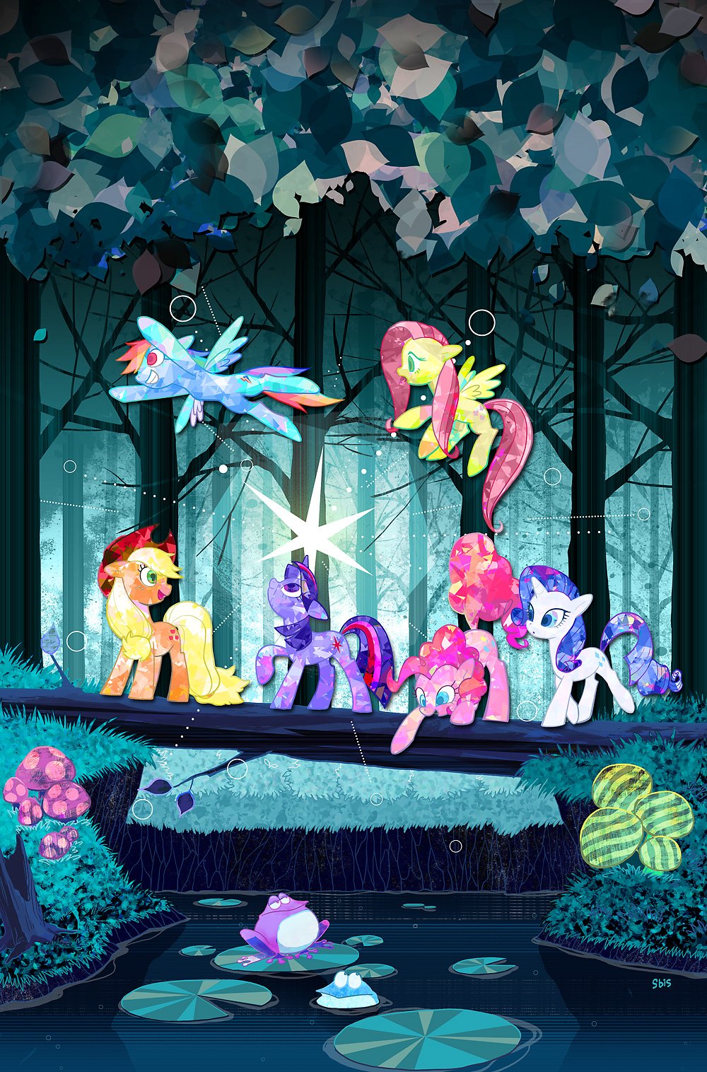animal animal_focus applejack blonde_hair brass_stars comic_cover commentary_request cowboy_hat cutie_mark fluttershy flying frog hat highres horse lily_pad mane_six_(my_little_pony) multicolored_hair my_little_pony my_little_pony:_friendship_is_magic my_little_pony_(idw) nature no_humans official_art outdoors pegasus pink_hair pinkie_pie pony_(animal) purple_hair rainbow_dash rainbow_hair rarity_(my_little_pony) scenery tail tree twilight_sparkle unicorn water wings