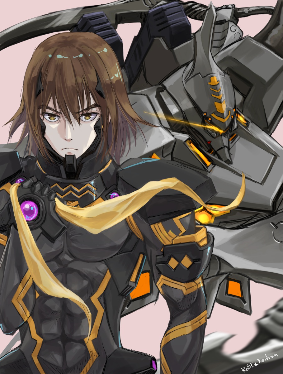 abs brown_eyes brown_hair covered_navel eyebrows_hidden_by_hair fortified_suit frown glowing highres holding holding_ribbon holding_sword holding_weapon jun_(rellik_&amp;_redrum) male_focus mecha mecha_pilot_suit muv-luv muv-luv_alternative muv-luv_unlimited:_the_day_after pilot_suit pink_background ribbon robot science_fiction shirogane_takeru solo_focus sword tactical_surface_fighter type_00_takemikazuchi v-shaped_eyebrows visor weapon yellow_ribbon