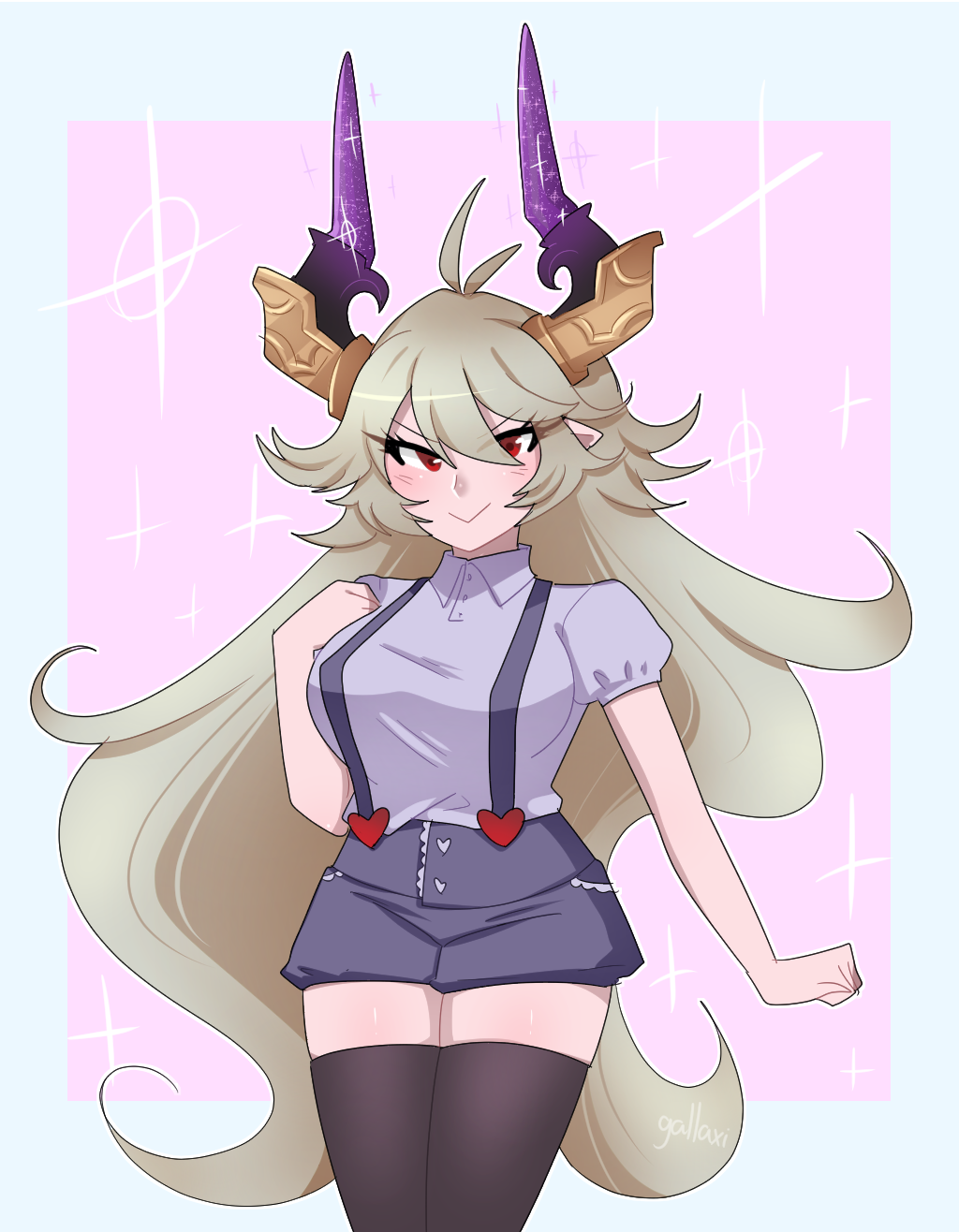 1girl antenna_hair black_shorts black_thighhighs blonde_hair blue_border border breasts buttons closed_mouth collared_shirt gallaxi granblue_fantasy grey_shirt hand_on_own_shoulder heart highres horns large_breasts light_blush long_hair looking_at_viewer outline pink_background pointy_ears puffy_short_sleeves puffy_sleeves red_eyes shirt short_sleeves shorts skindentation smile solo sparkle suspender_shorts suspenders thighhighs threo_(granblue_fantasy) very_long_hair white_outline