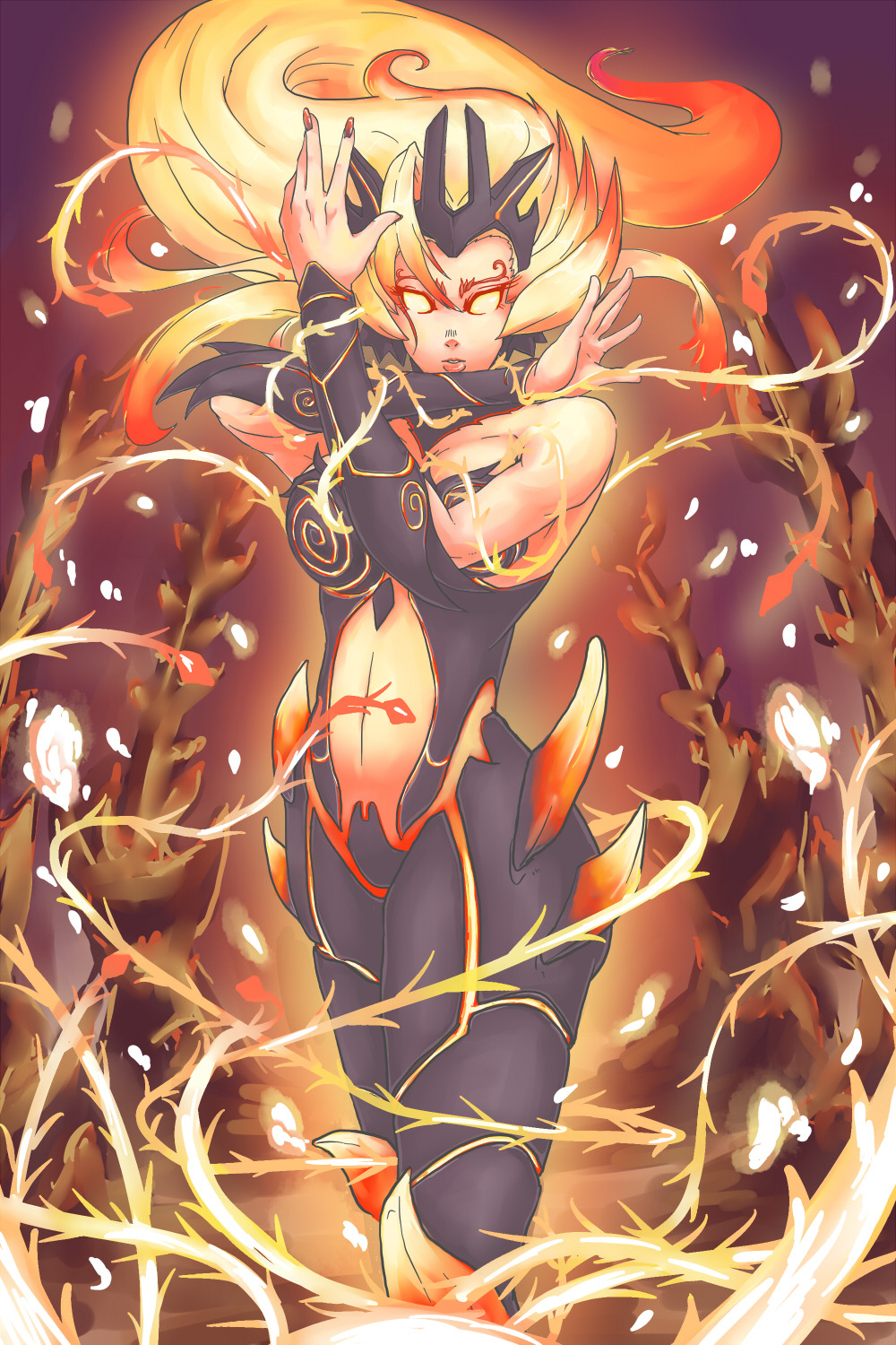 1girl bare_shoulders blonde_hair breasts detached_sleeves female_focus fire glowing glowing_eyes highres large_breasts league_of_legends plant solo thorns trombe wildfire_zyra zyra