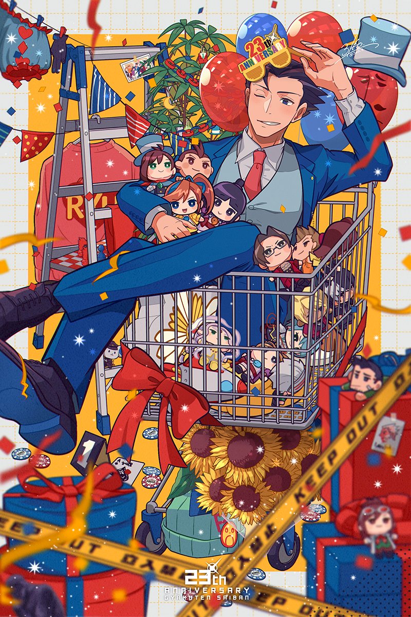1boy 3llo_3 ace_(playing_card) ace_attorney ace_of_spades anniversary apollo_justice arm_up athena_cykes balloon beanie black_shoes bloomers blue_hat blue_jacket blue_pants blue_vest bow box card caution_tape character_doll chessboard collared_shirt commentary_request confetti dick_gumshoe ema_skye eyewear_on_head franziska_von_karma gift gift_box godot_(ace_attorney) hat highres holding holding_stuffed_toy jacket klavier_gavin ladder larry_butz male_focus maya_fey miles_edgeworth nahyuta_sahdmadhi necktie pants pearl_fey phoenix_wright pink_sweater plant playing_card print_sweater red_bow red_necktie shirt shoes shopping_cart simon_blackquill spade_(shape) stepladder string_of_flags stuffed_toy suit_jacket sweater top_hat trucy_wright underwear vest white_shirt