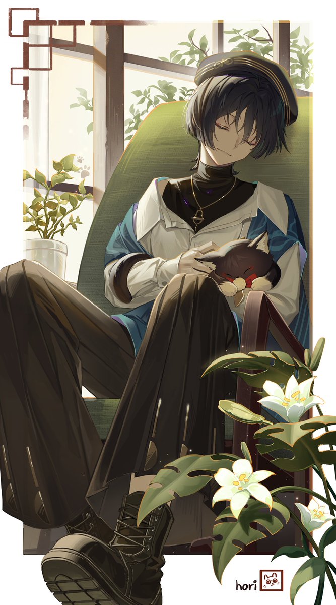 1boy alternate_costume animal animalization artist_name beret black_boots black_cat black_hair black_hat black_pants black_shirt black_undershirt blue_shawl blunt_ends boots bow cat chair closed_eyes closed_mouth collared_shirt eyeliner eyeshadow feathers flower full_body genshin_impact gold_necklace gold_pendant gold_trim hakama hakama_pants hat highres holding holding_animal holding_cat japanese_clothes jewelry lace-up_boots long_sleeves makeup male_focus necklace official_alternate_costume pants paya_(aejx2345) person_and_animalization plant pom_pom_(clothes) potted_plant red_bow red_eyeliner red_eyeshadow scaramouche_(cat)_(genshin_impact) scaramouche_(genshin_impact) shawl shirt shoulder_peek sitting sleeping smile solo turtleneck turtleneck_shirt wanderer_(genshin_impact) wanderer_(wanderer_impression)_(genshin_impact) white_flower white_shirt white_sleeves wing_collar yellow_feathers