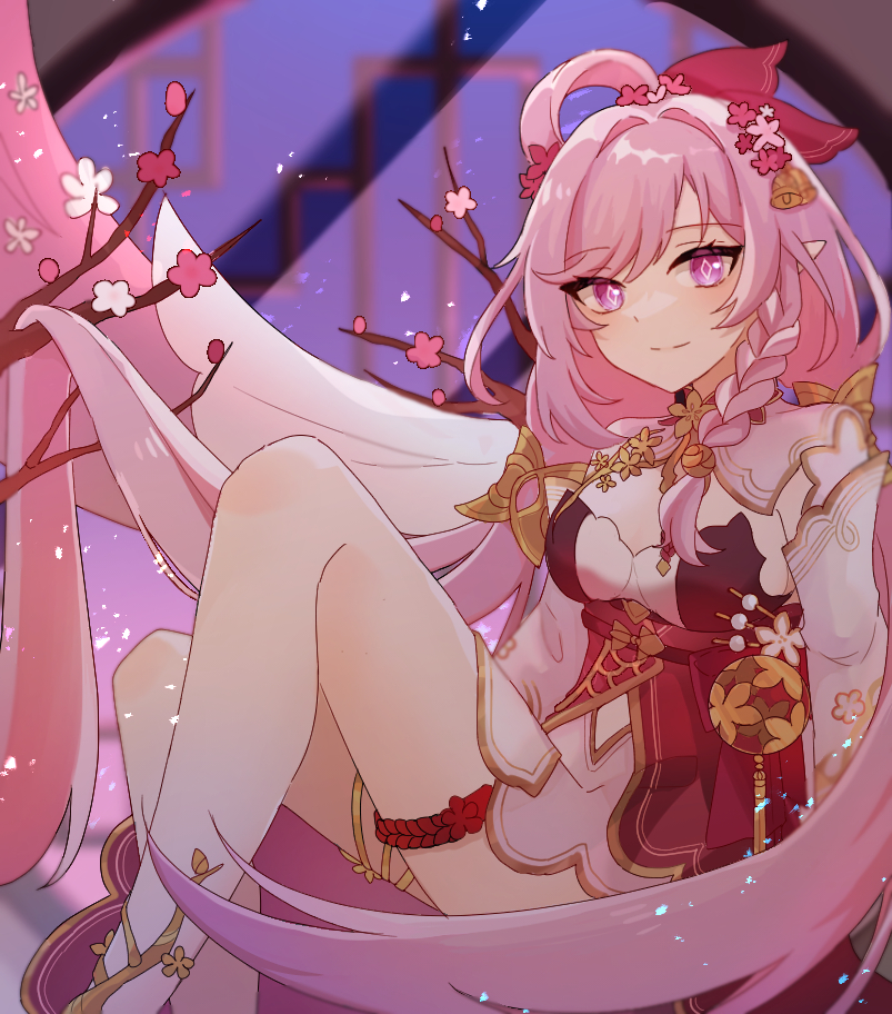 1girl bell braid breasts cherry_blossoms cleavage dress elf elysia_(herrscher_of_human:_ego)_(honkai_impact) elysia_(honkai_impact) elysia_(peachy_spring)_(honkai_impact) flower hair_bell hair_flower hair_ornament honkai_(series) honkai_impact_3rd lattice legs long_hair long_sleeves looking_at_viewer night night_sky pink_eyes pink_hair pink_pupils pointy_ears puffy_long_sleeves puffy_sleeves red_dress single_braid sitting sky smile solo ufo_(23494318) very_long_hair