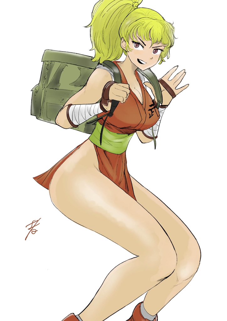 1girl blonde_hair breasts brown_eyes capcom cleavage final_fight fingerless_gloves genryuusai_maki gloves high_ponytail hiroshi_mono holding japanese_clothes long_hair looking_at_viewer medium_breasts ninja pelvic_curtain ponytail sash shoes sneakers solo street_fighter street_fighter_zero_(series) white_background yellow_sash