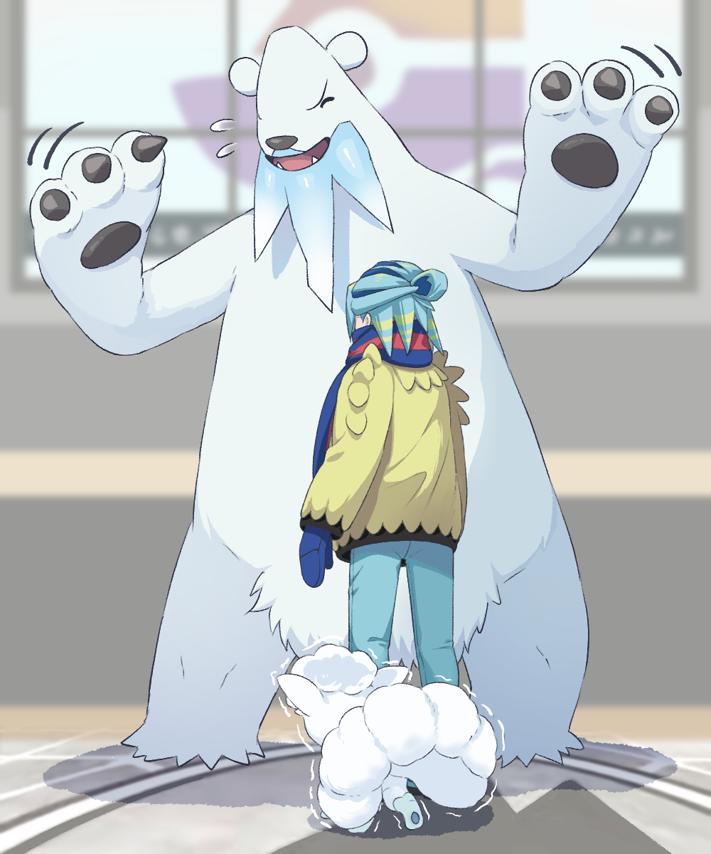 1boy alolan_form alolan_vulpix aqua_hair beartic blue_mittens blue_scarf blurry blurry_background commentary_request flying_sweatdrops gen_5_pokemon gen_7_pokemon grusha_(pokemon) hair_bun highres jacket male_focus min_(myna8247) mittens nintendo pants pokemon pokemon_(creature) pokemon_sv scarf standing striped_clothes striped_scarf trembling yellow_jacket