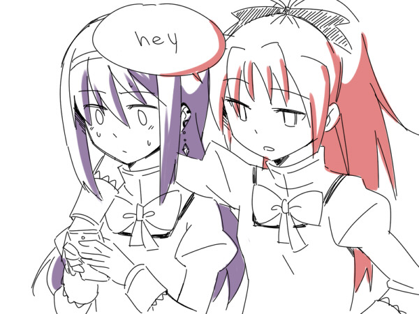 2girls akemi_homura ange_(angeban93) commentary english_text headband long_hair looking_at_phone mahou_shoujo_madoka_magica mitakihara_school_uniform multiple_girls open_mouth partially_colored phone ponytail purple_hair red_hair sakura_kyoko school_uniform speech_bubble surprised