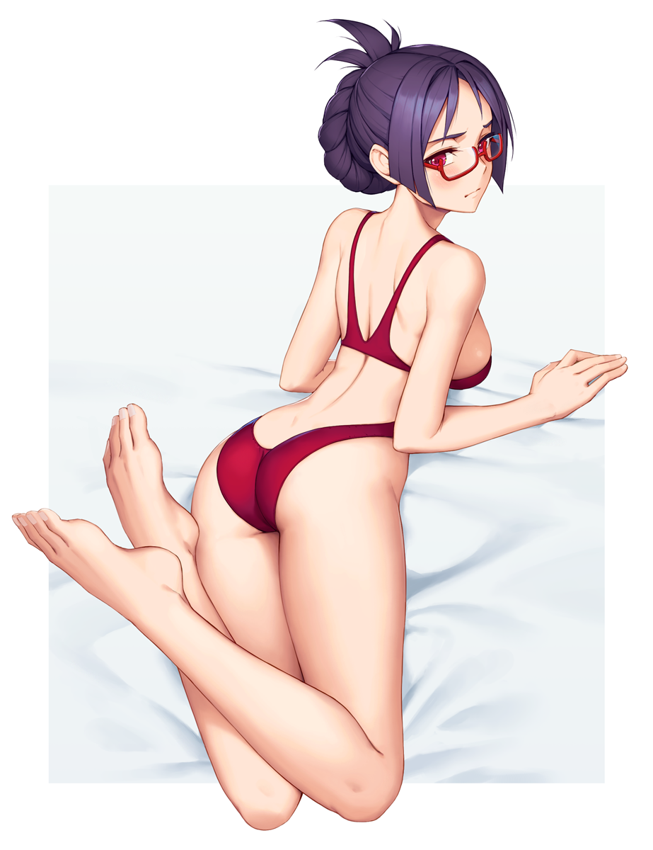 1girl ass barefoot bikini blush border braid breasts feet feet_up folded_ponytail from_behind glasses hair_bun highres large_breasts legs long_hair looking_at_viewer looking_back lying on_stomach parted_bangs purple_eyes purple_hair red_bikini ridget_(suisei_no_gargantia) rotix semi-rimless_eyewear sideboob single_hair_bun solo suisei_no_gargantia swimsuit thighs under-rim_eyewear white_border