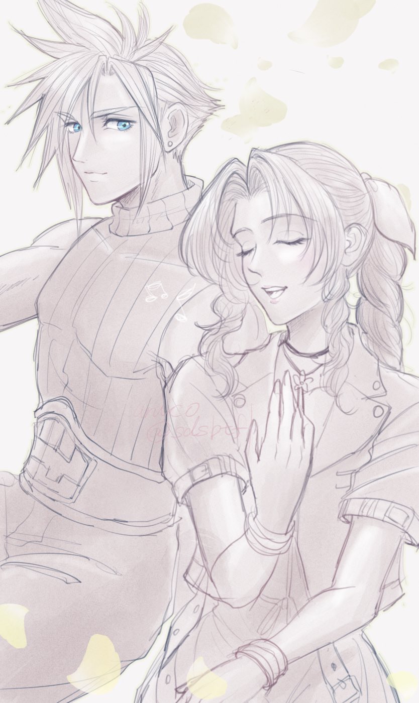 1boy 1girl aerith_gainsborough bangle bare_shoulders belt blue_eyes bracelet braid braided_ponytail choker closed_eyes cloud_strife cropped_jacket earrings falling_petals final_fantasy final_fantasy_vii final_fantasy_vii_rebirth final_fantasy_vii_remake flower_choker hair_between_eyes hair_ribbon hand_on_own_chest highres jewelry limited_palette long_hair open_mouth parted_bangs petals ribbon sdsbtfl short_hair sidelocks single_braid single_earring sketch sleeveless sleeveless_turtleneck smile spiked_hair turtleneck upper_body