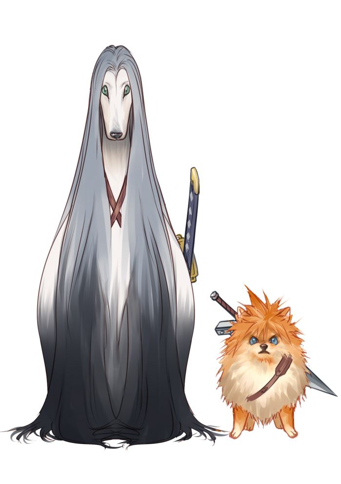 2boys afghan_hound animalization blonde_hair blue_eyes buster_sword cloud_strife commentary dog eilinna english_commentary final_fantasy final_fantasy_vii final_fantasy_vii_remake full_body furrowed_brow green_eyes grey_fur grey_hair male_focus masamune_(ff7) multiple_boys no_humans pomeranian_(dog) sephiroth spiked_hair weapon weapon_on_back white_background yellow_fur