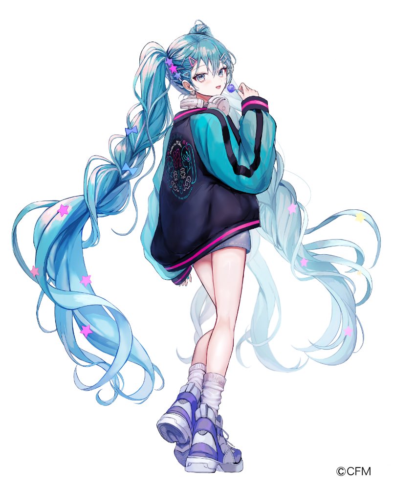 1girl absurdly_long_hair aqua_eyes aqua_hair aqua_jacket aqua_nails aqua_sleeves bare_legs black_jacket bow braid candy clothing_available earrings floating_hair food full_body grey_skirt hair_between_eyes hair_bow hair_ornament hand_up hatsune_miku headphones headphones_around_neck heart heart_earrings holding holding_candy holding_food holding_lollipop jacket jewelry lollipop long_hair long_sleeves looking_at_viewer looking_back official_art open_mouth pipi_(pipinavigation) purple_shoes shoes single_vertical_stripe skirt sleeves_past_wrists smile sneakers socks solo solwa standing star_(symbol) star_hair_ornament sukajan tachi-e triangle_hair_ornament twin_braids twintails very_long_hair vocaloid white_socks