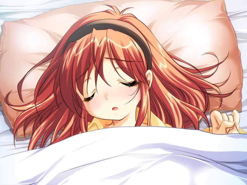 1girl bed blush closed_eyes emily_(pure_dream) escalation_~kuruai_no_fugue~ female_focus game_cg hairband komatsuzaki_rie open_mouth pajamas pillow red_hair short_hair sick solo under_covers