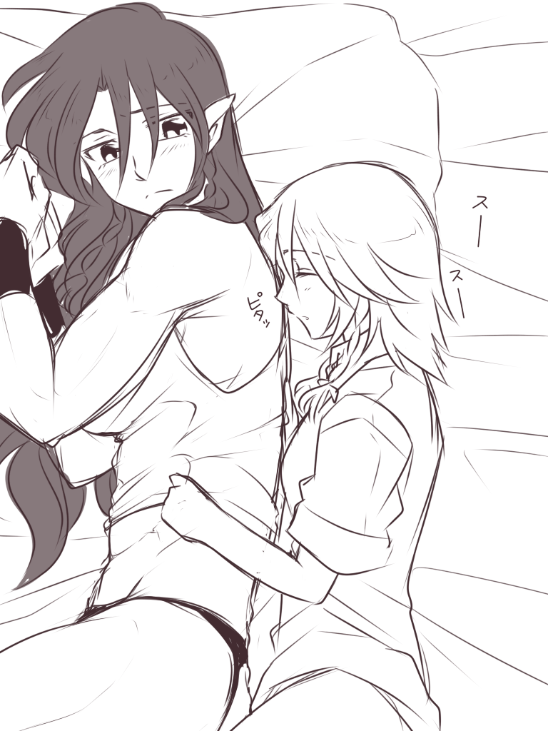bare_shoulders bed commentary_request closed_eyes greyscale hair_between_eyes hong_meiling izayoi_sakuya long_hair lying monochrome neko_majin on_side panties pillow pointy_ears shirt short_hair sleeping sleeveless touhou underwear