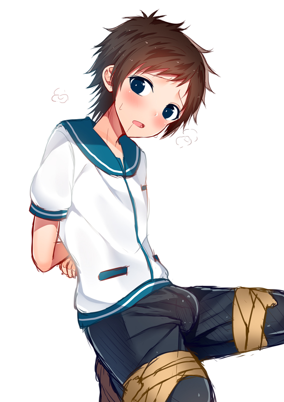 10s 1boy blue_eyes blush bulge crotch drooling kanatougo male_focus nagi_no_asukara restrained sakishima_hikari saliva solo steam tape